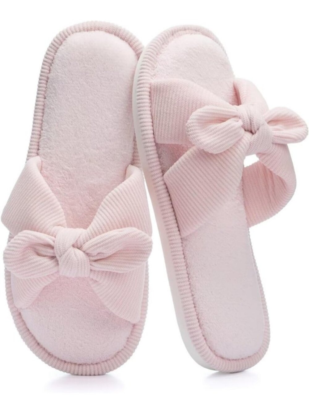 Women's Pink Memory Foam Indoor Corduroy Crossband Open Toe Bow Slipper Shoes